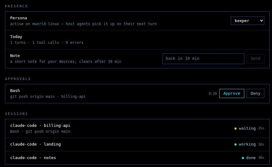 Bastion web app: a pending git push approval with Approve and Deny, and three Claude Code sessions